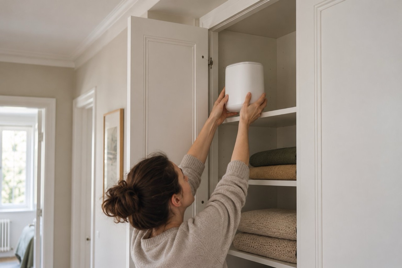An adult placing a small white appliance on the top shelf of a tall cupboard
