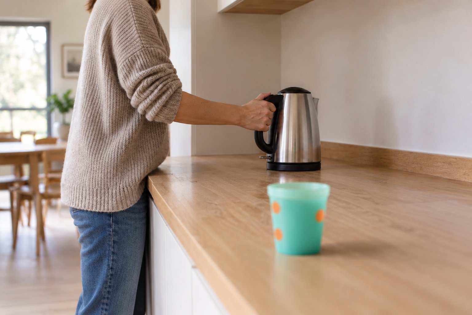 An adult hand pushing an electric kettle to the back of a kitchen counter
