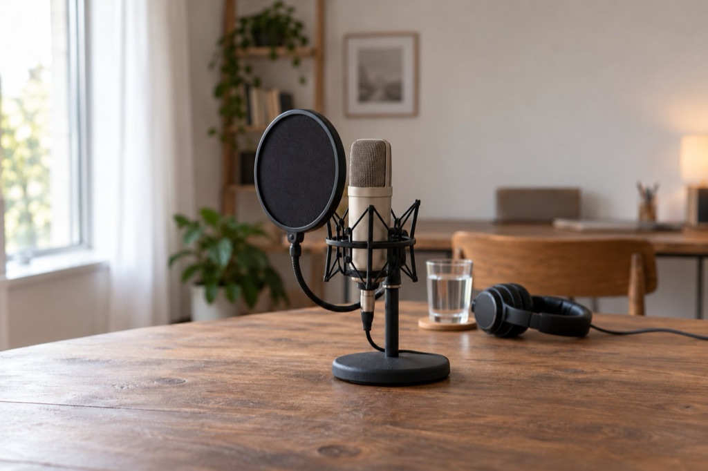 A studio microphone with a pop filter in focus, a desk with water and headphones behind