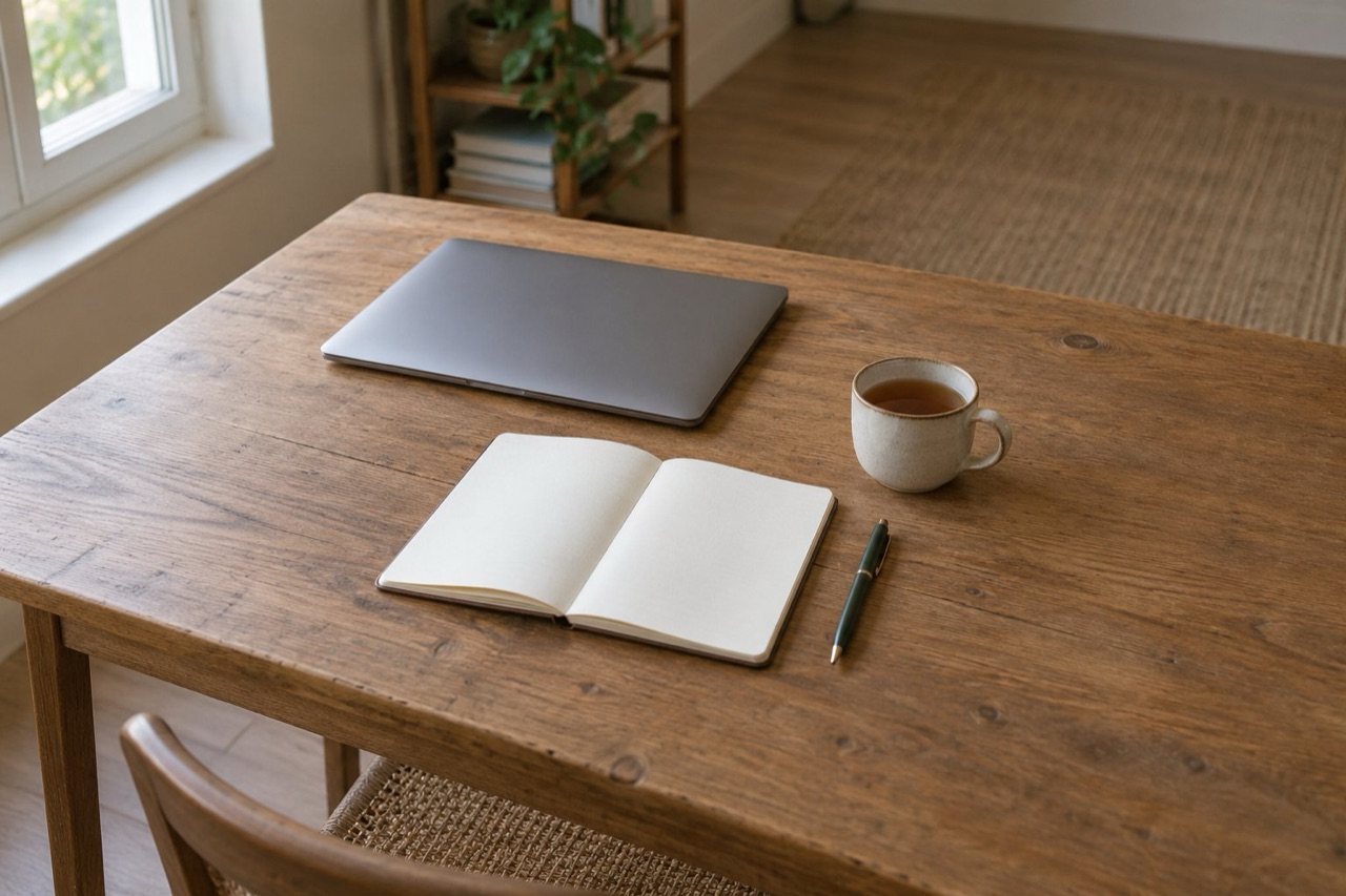 A blank notebook, pen and tea beside a closed laptop on a wooden desk