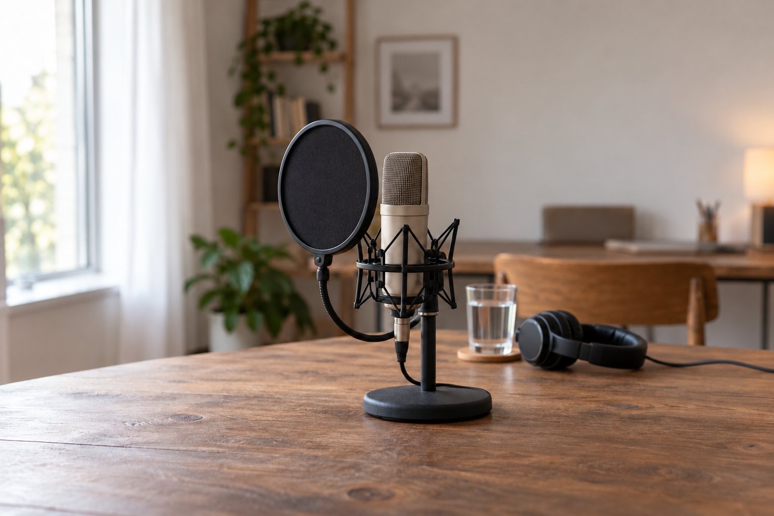 A studio microphone with a pop filter in focus, a desk with water and headphones behind