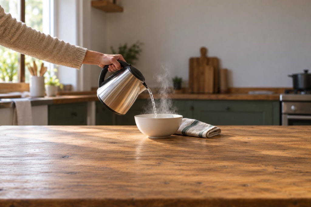 A kettle pouring hot water into a wide ceramic bowl beside a folded towel