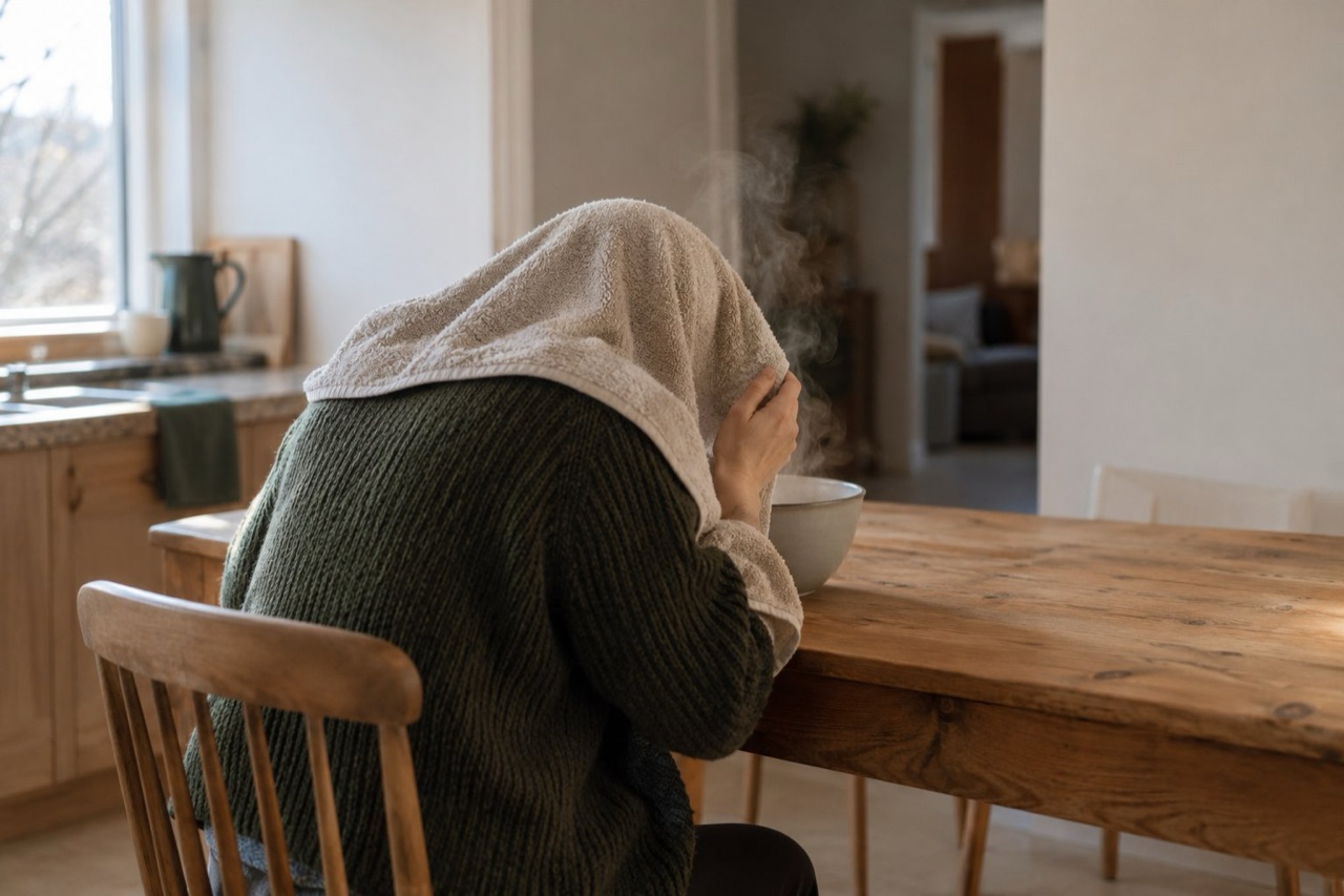 A person seen from behind with a towel over their head, bent over a bowl
