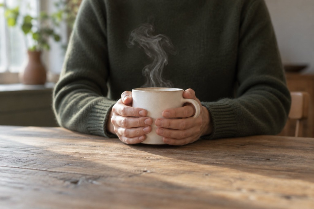 Two hands cupped around a cream ceramic mug on a wooden table, thin steam rising