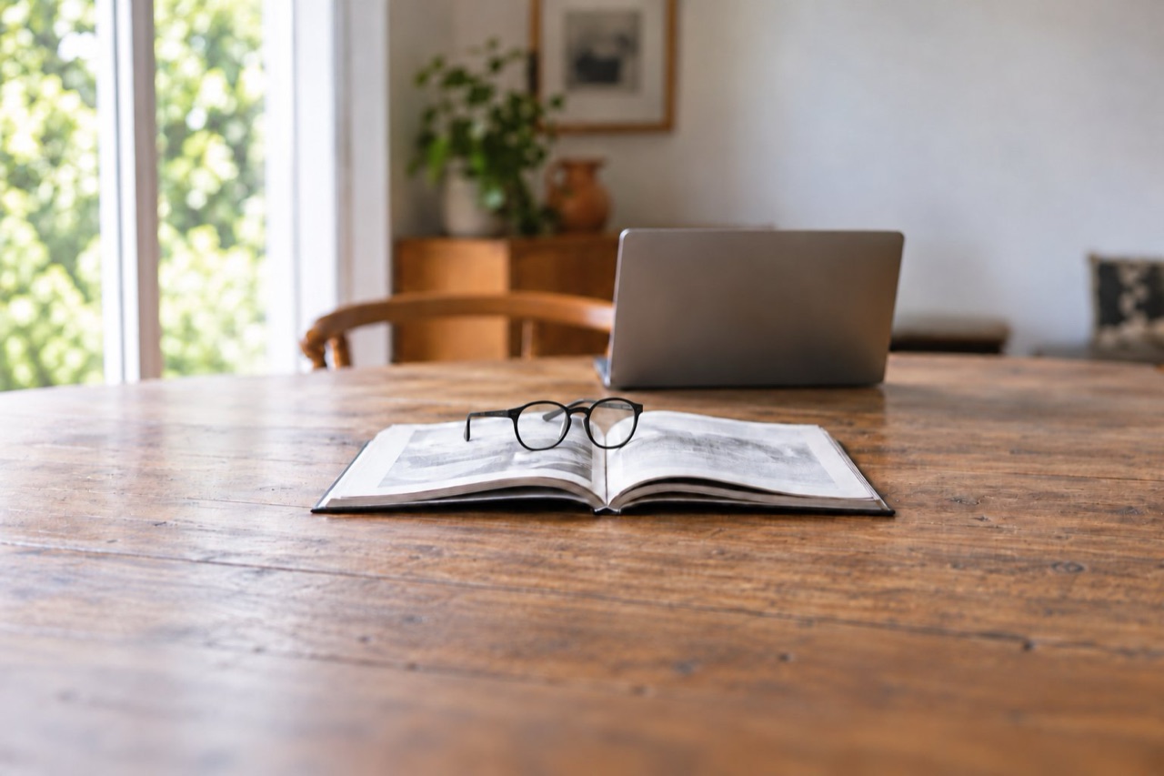 Reading glasses resting on an open book on a wooden table, a laptop blurred behind