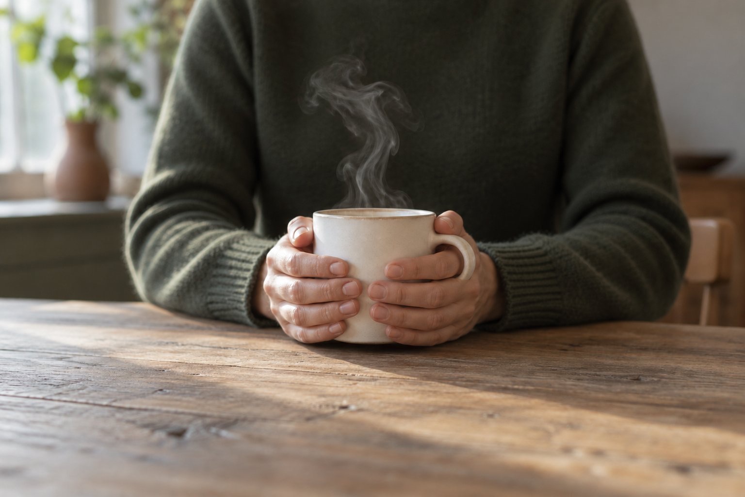 Two hands cupped around a cream ceramic mug on a wooden table, thin steam rising