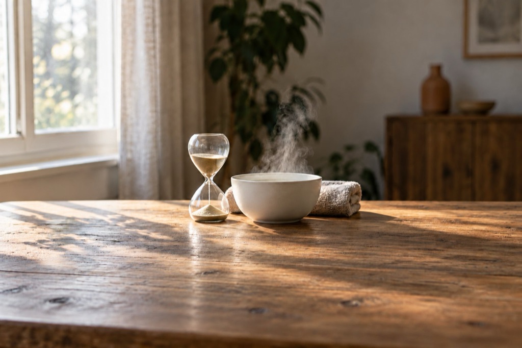 A sand hourglass beside a steaming ceramic bowl and a folded towel on a table