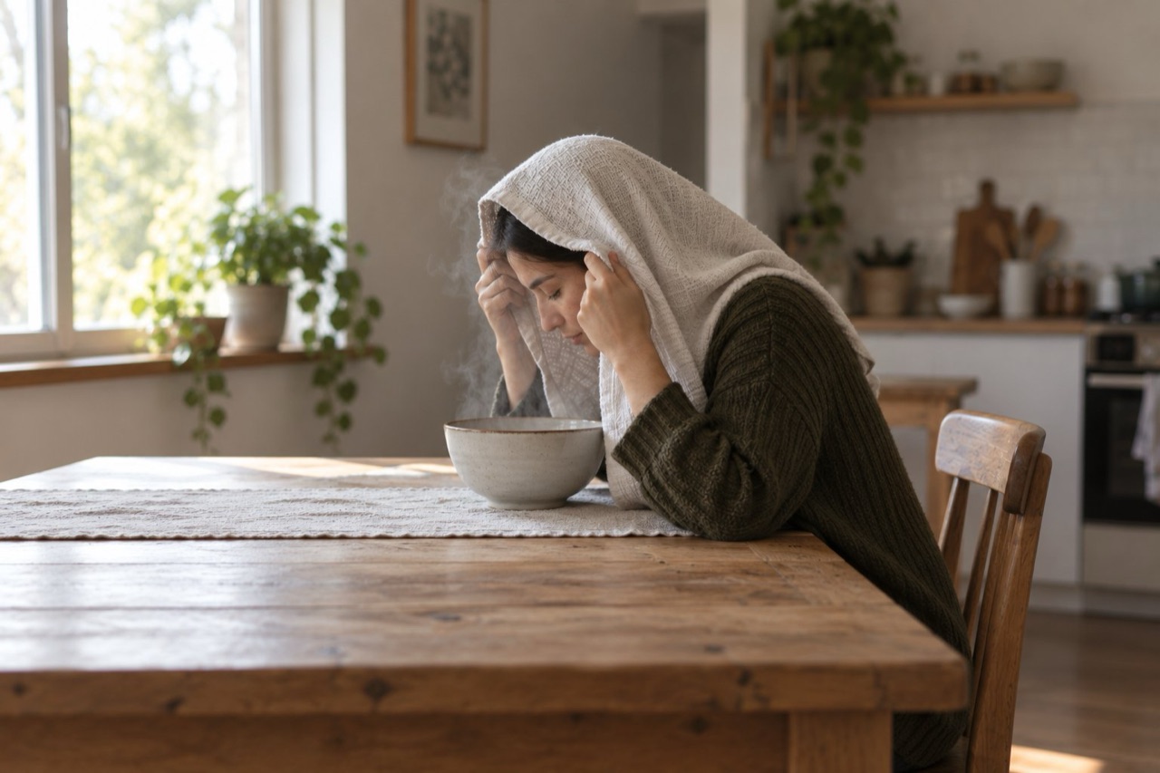A person with a towel over their head leaning over a bowl at a kitchen table