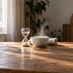 A sand hourglass beside a steaming ceramic bowl and a folded towel on a table