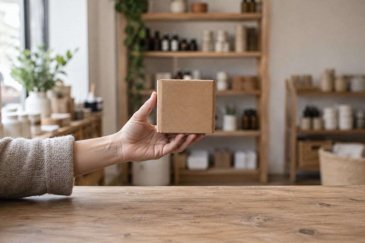 A hand holding a small plain cardboard box in front of blurred shop shelves