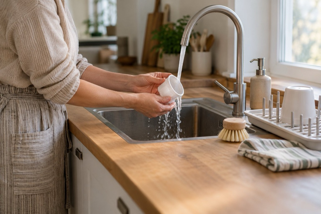 Hands rinsing a small white plastic part under a kitchen tap beside a soft brush