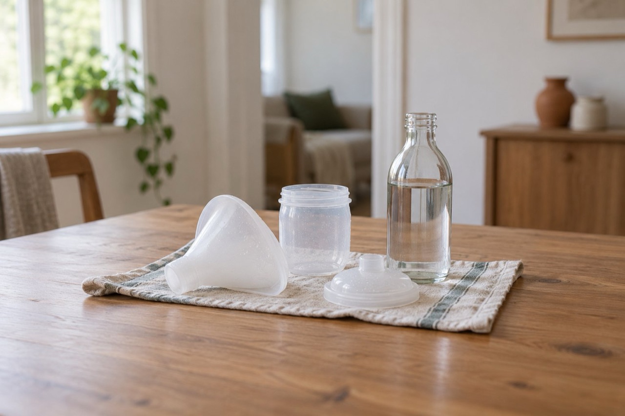 White appliance parts drying on a linen towel beside an unlabelled clear glass bottle