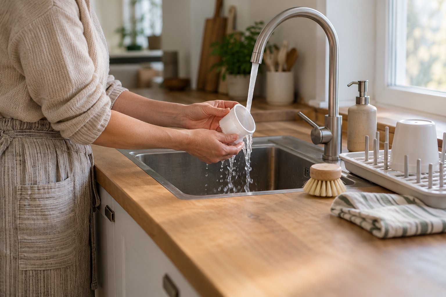 Hands rinsing a small white plastic part under a kitchen tap beside a soft brush