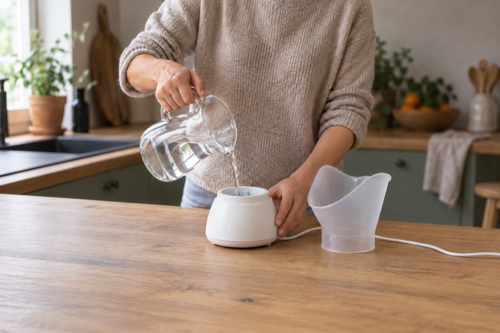 Hands pouring water from a glass jug into a small steam inhaler on a kitchen counter