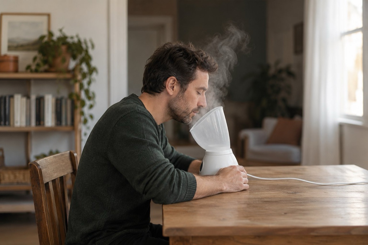 A man seated at a table breathing in over the hood of a small steam inhaler