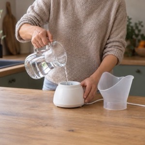Hands pouring water from a glass jug into a small steam inhaler on a kitchen counter