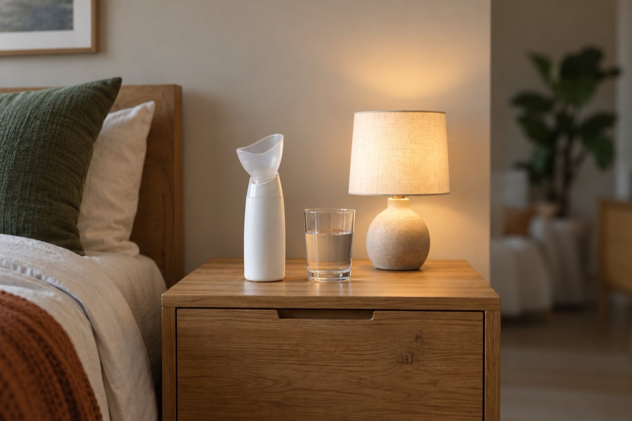 A handheld steam inhaler beside a glass of water and a bedside lamp