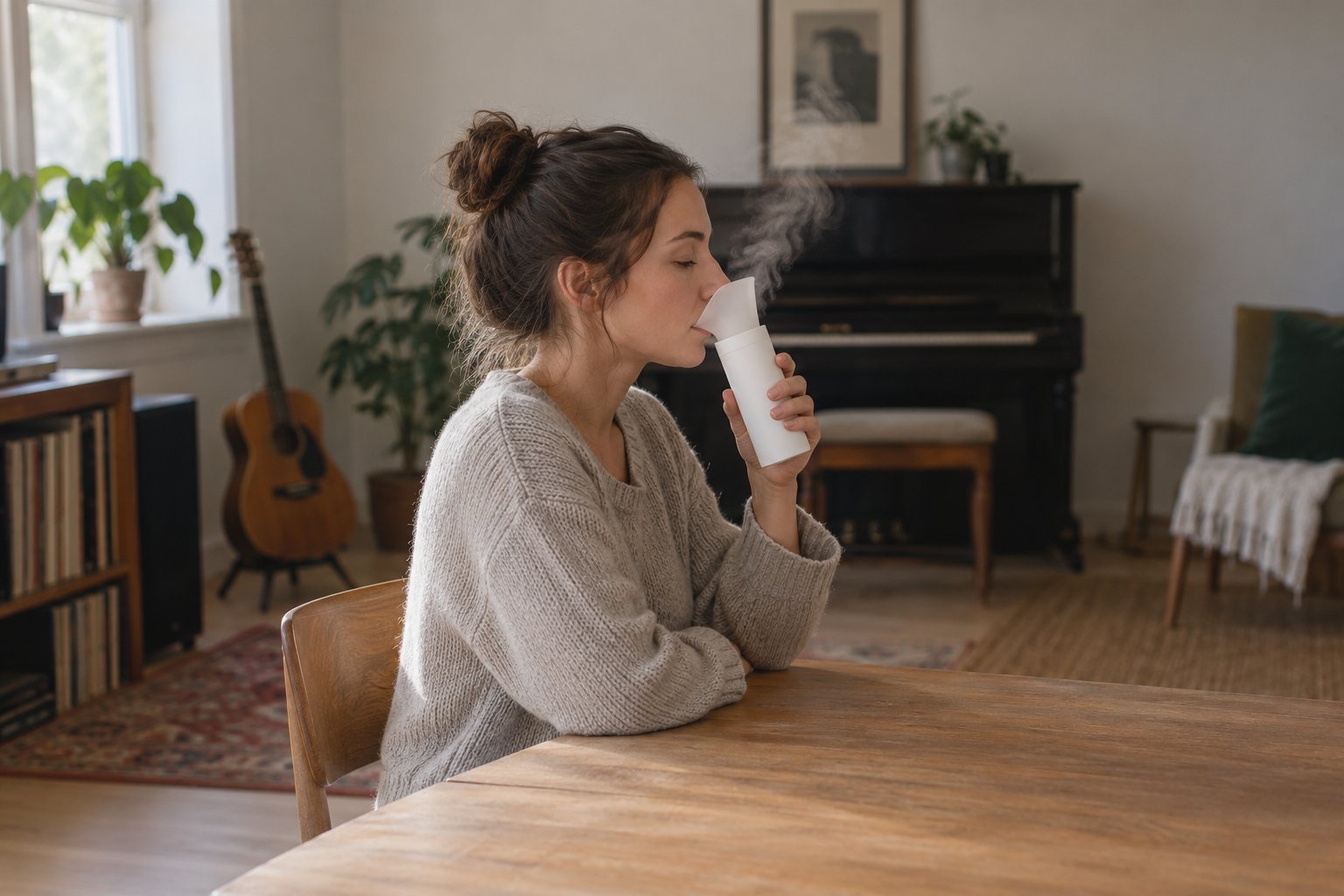 A woman in profile holding a slim handheld steam inhaler to her nose and mouth