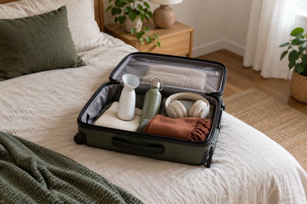 An open carry-on bag packed with a handheld steam inhaler, water bottle, headphones and a scarf