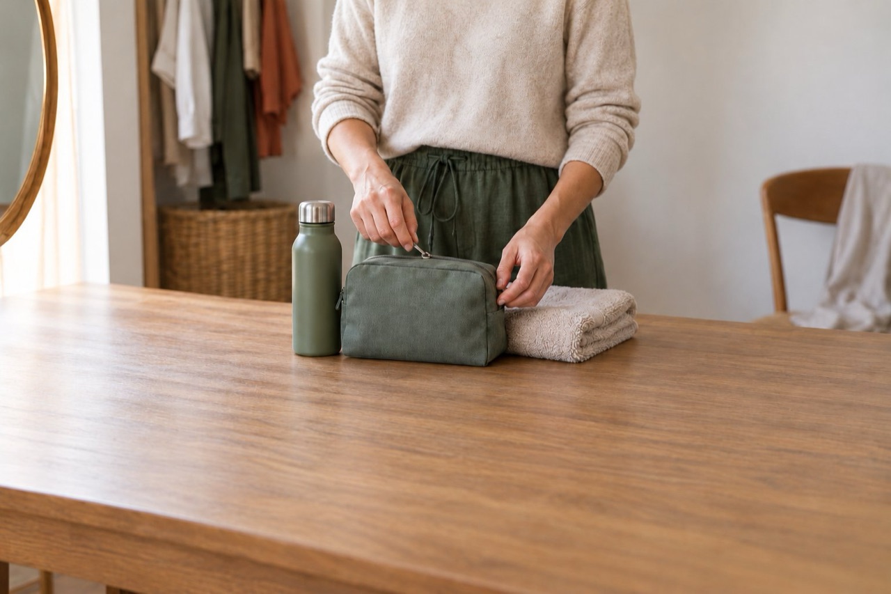 A hand zipping a small travel pouch beside a water bottle and a folded towel