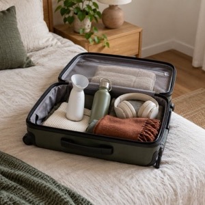An open carry-on bag packed with a handheld steam inhaler, water bottle, headphones and a scarf