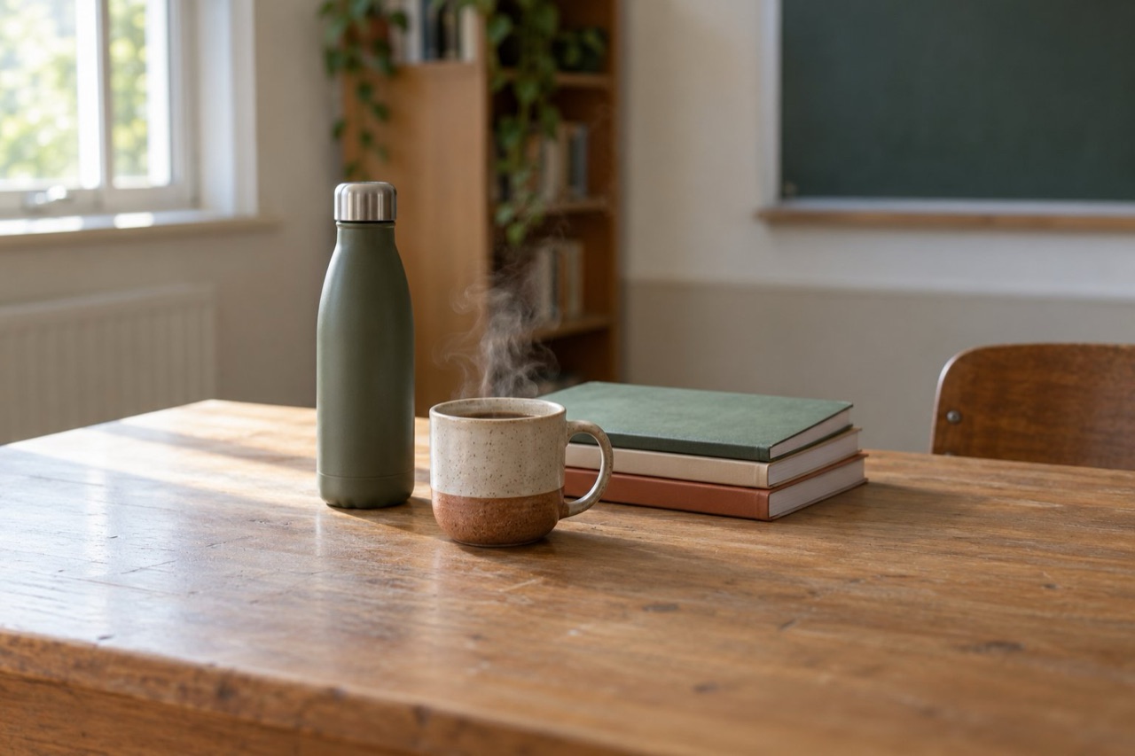 A water bottle, a steaming mug and three plain hardback books on a classroom desk