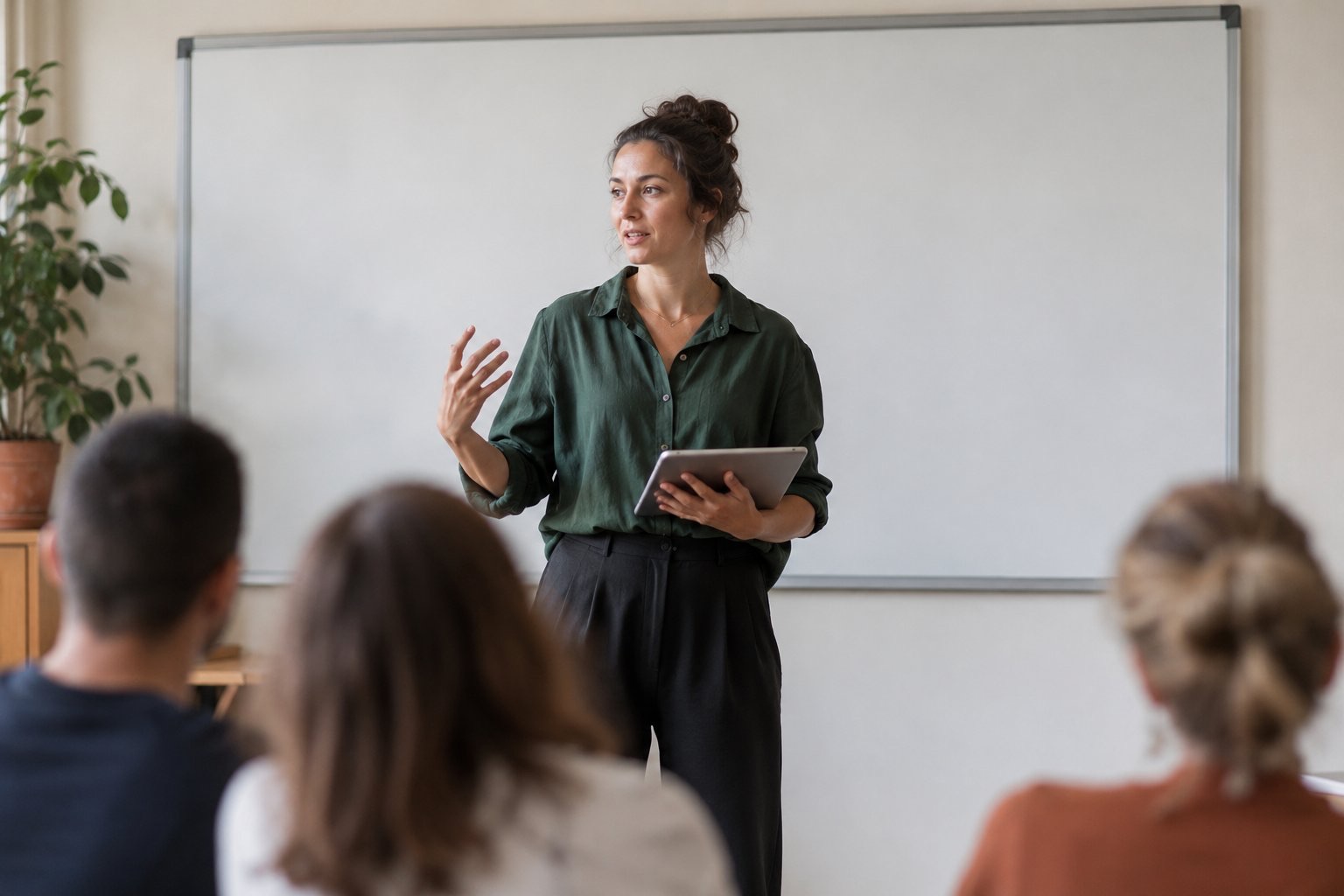 A teacher speaking and gesturing in front of a blank whiteboard, students blurred in front