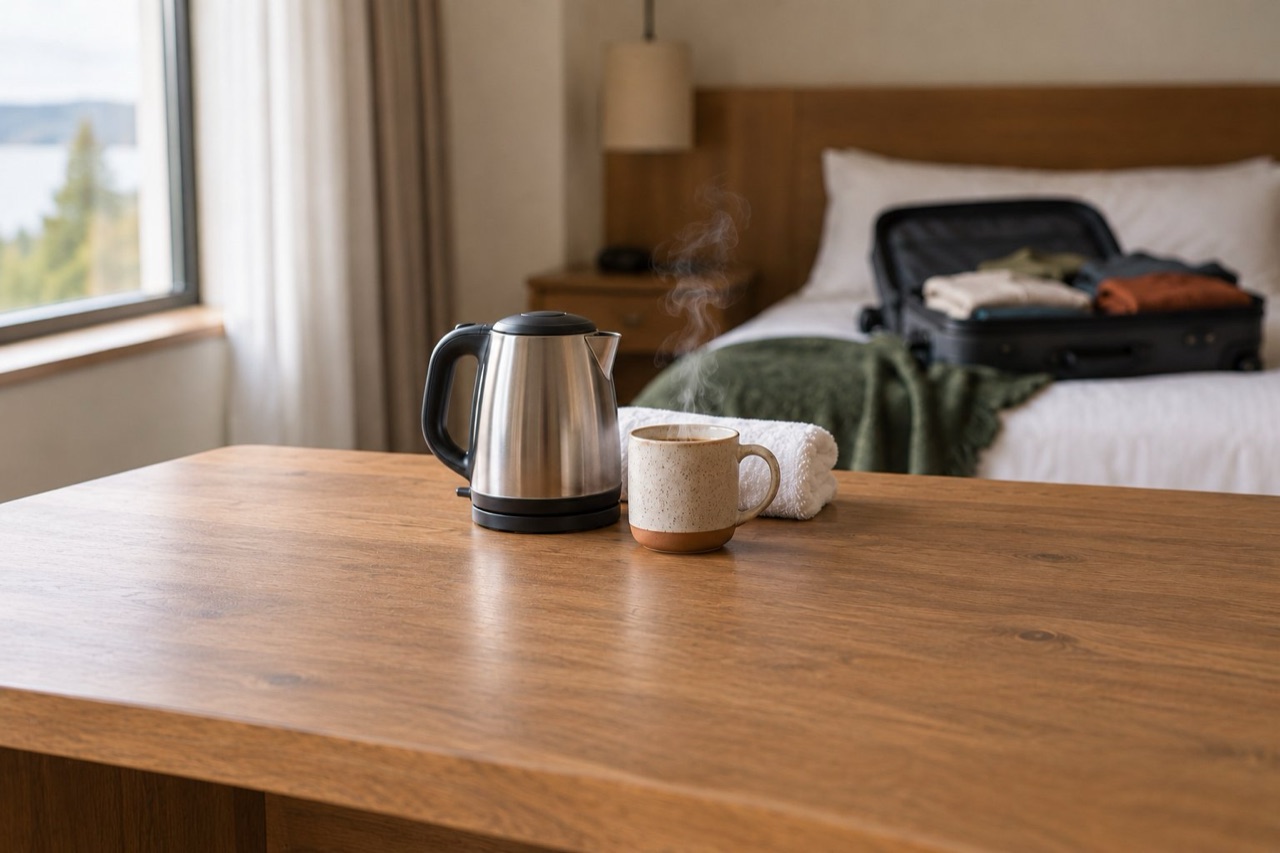 A kettle, a steaming mug and a folded towel on a hotel desk, a suitcase behind