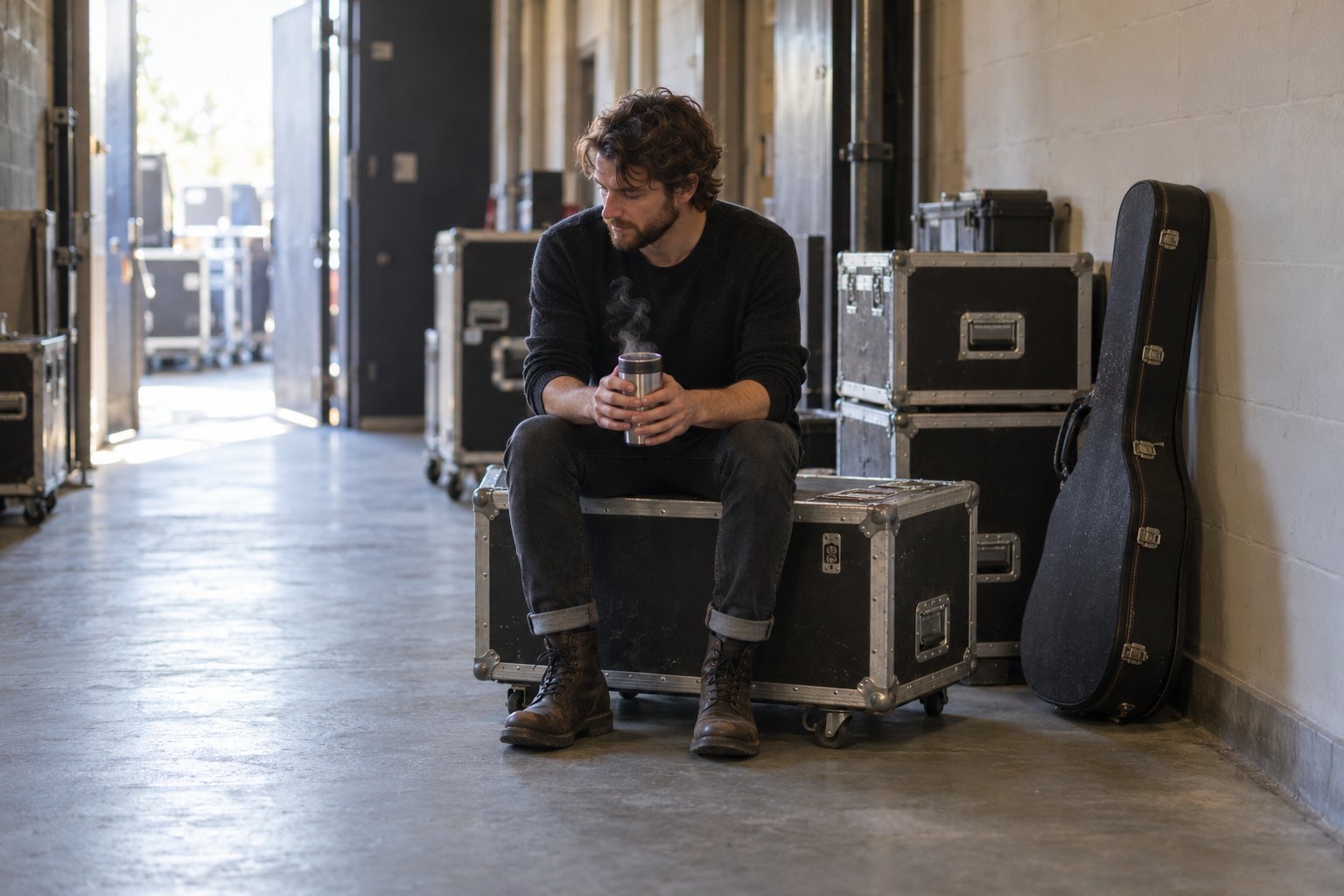 A musician sitting on a flight case backstage holding a steaming travel mug