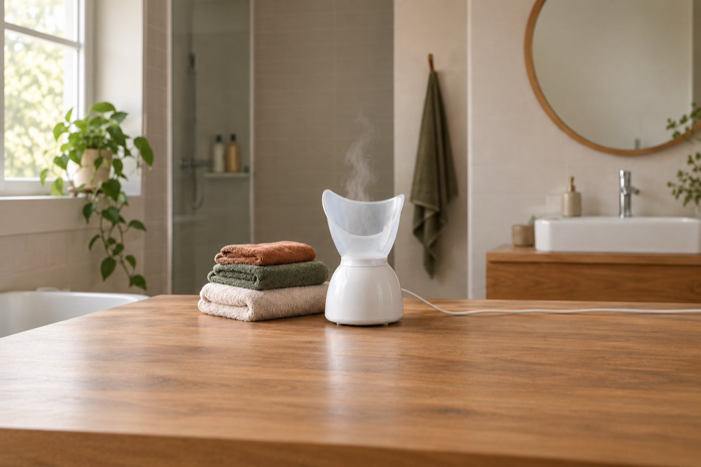 A small white steam inhaler with thin steam rising beside folded towels on a bathroom counter