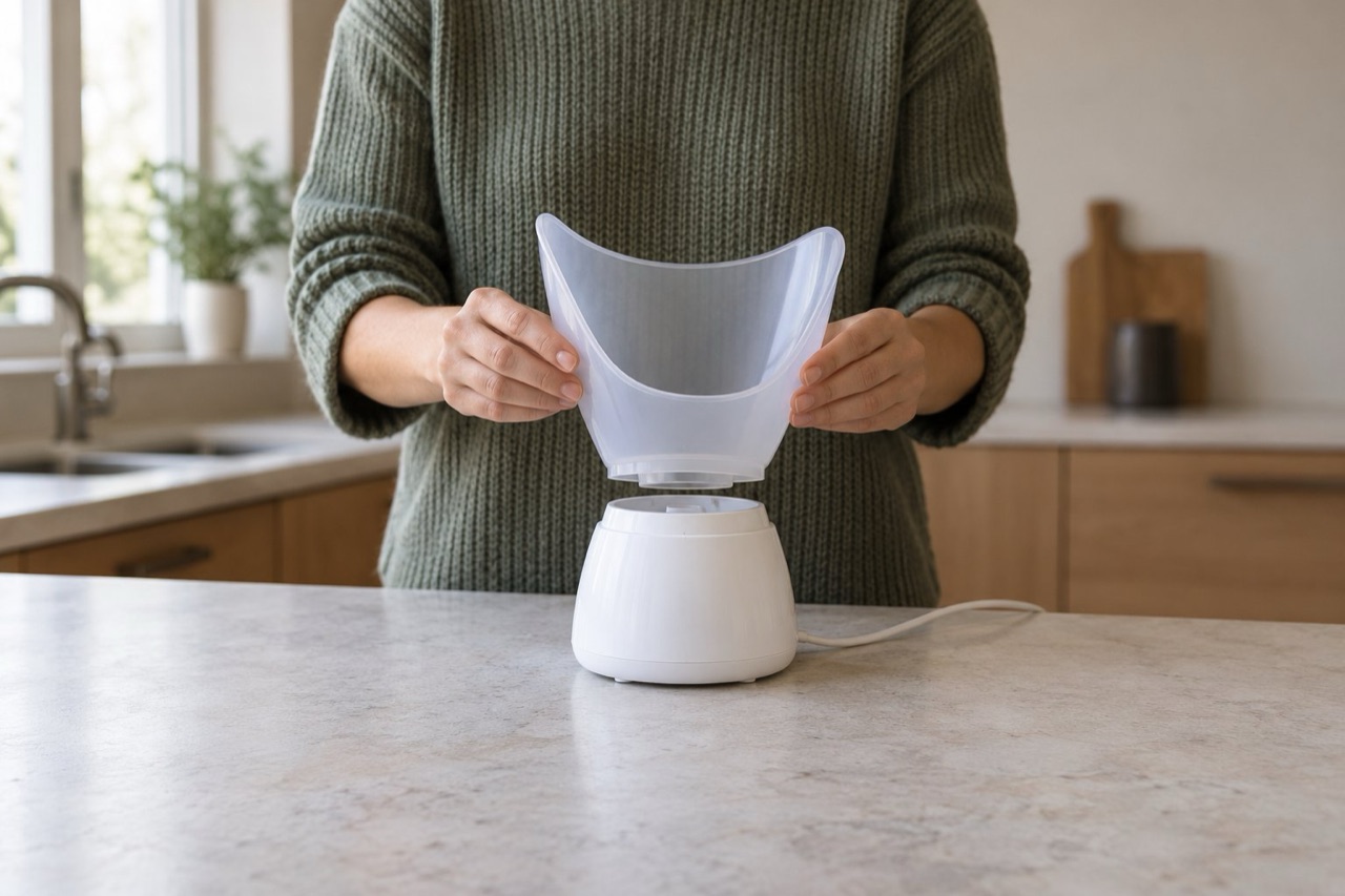 Two hands lifting the soft hood off the base of a small steam inhaler