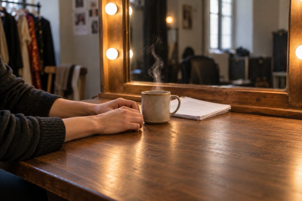 Hands resting beside a steaming mug and blurred script beneath a dressing room mirror