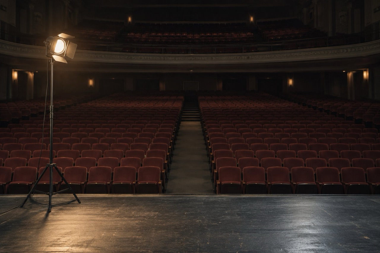 Rows of empty theatre seats seen from the stage under a single work light