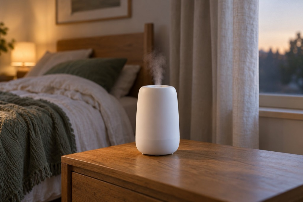A white room humidifier giving off a soft mist on a bedside table at dusk