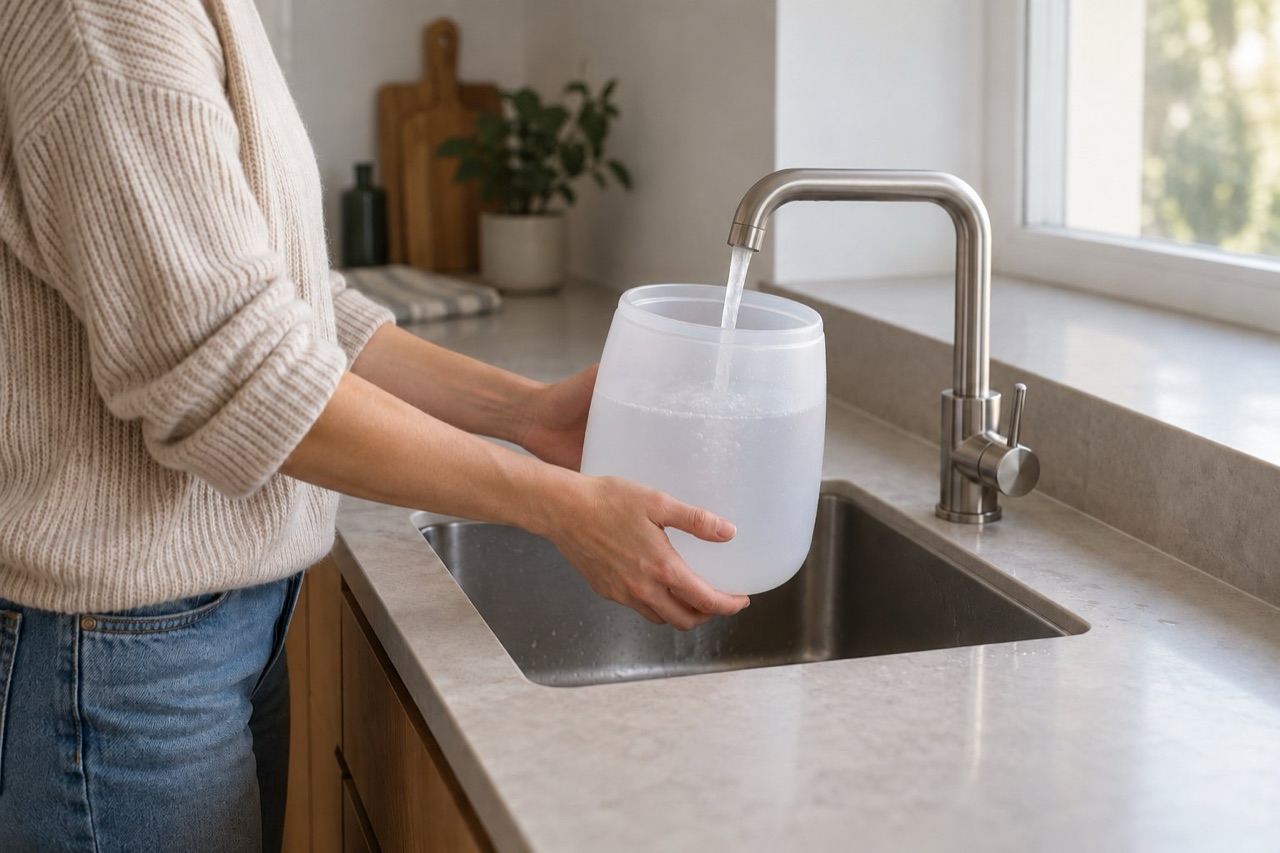 Hands refilling the water tank of a room humidifier under a kitchen tap
