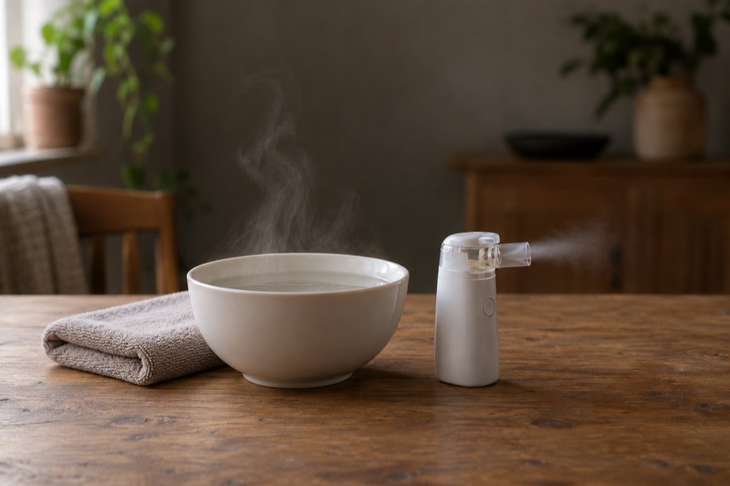 A steaming bowl with a towel beside a small handheld nebulizer giving off a fine mist