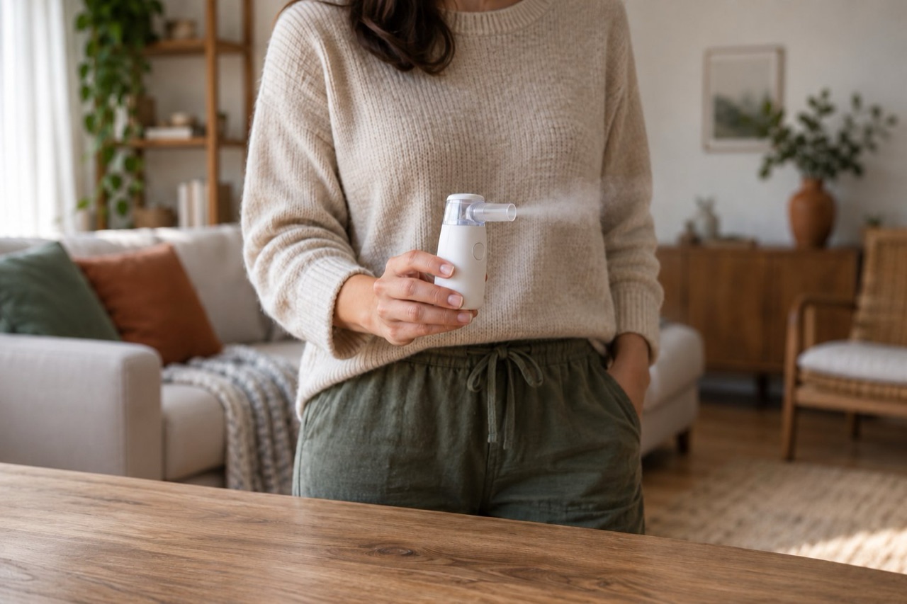 A hand holding a small handheld nebulizer with a fine mist leaving the mouthpiece