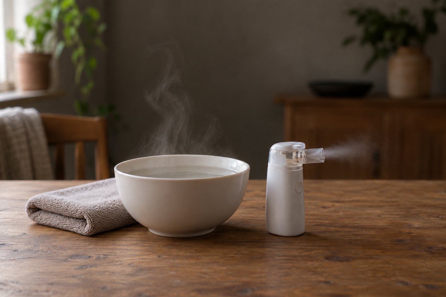 A steaming bowl with a towel beside a small handheld nebulizer giving off a fine mist