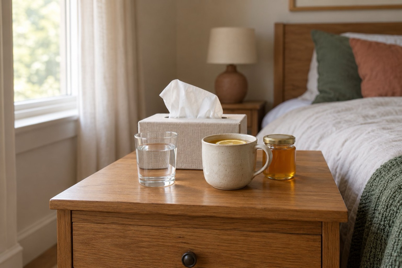 A glass of water, tissues, lemon tea and a jar of honey on a bedside table