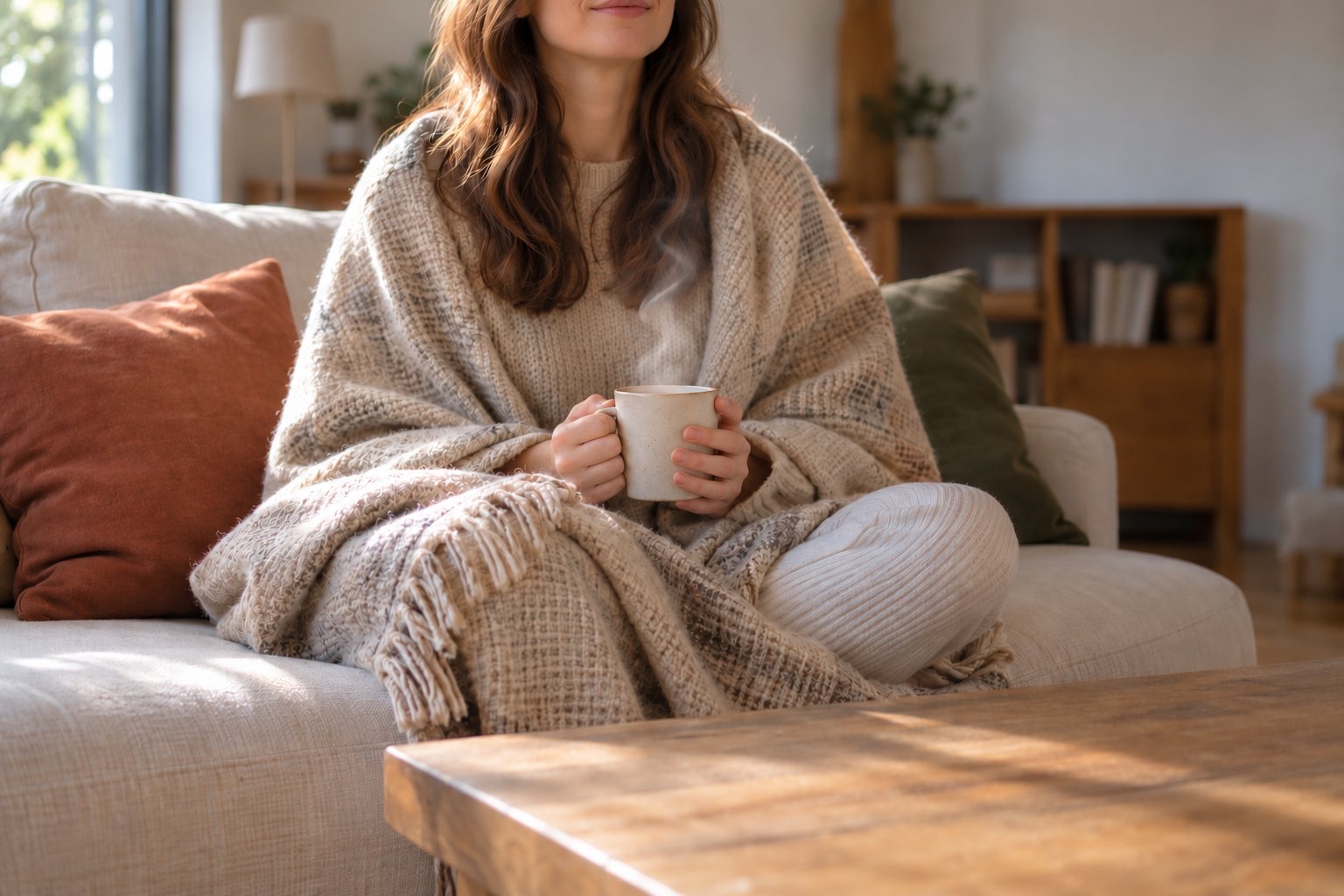 A person wrapped in a blanket on a sofa holding a steaming mug in both hands