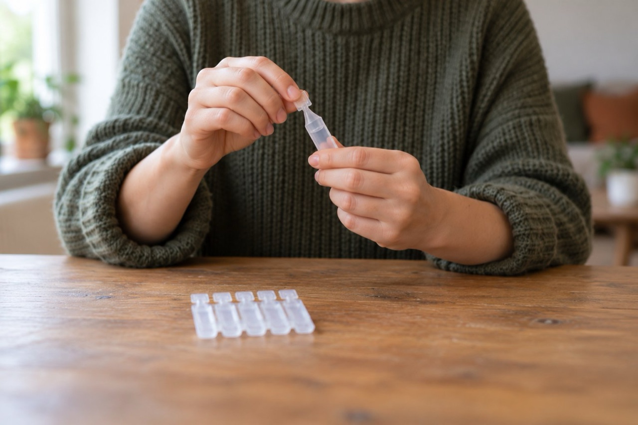 Fingers twisting the tab off a small clear plastic vial above a table