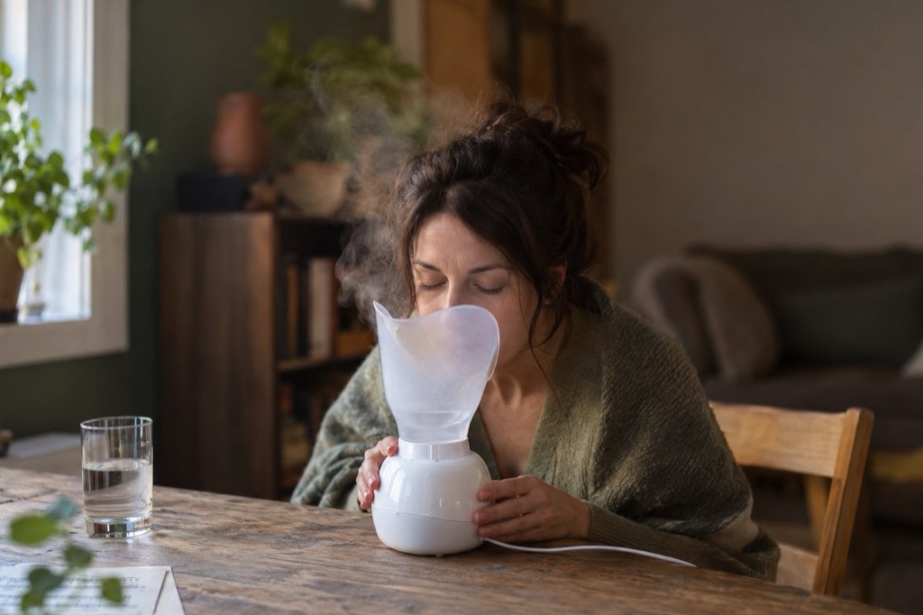 A woman leans over a small steam inhaler at a wooden table by a window