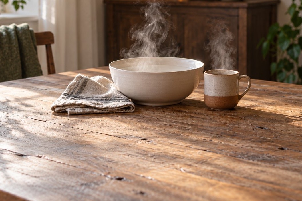 A steaming ceramic bowl with a folded towel and a steaming mug on a wooden table