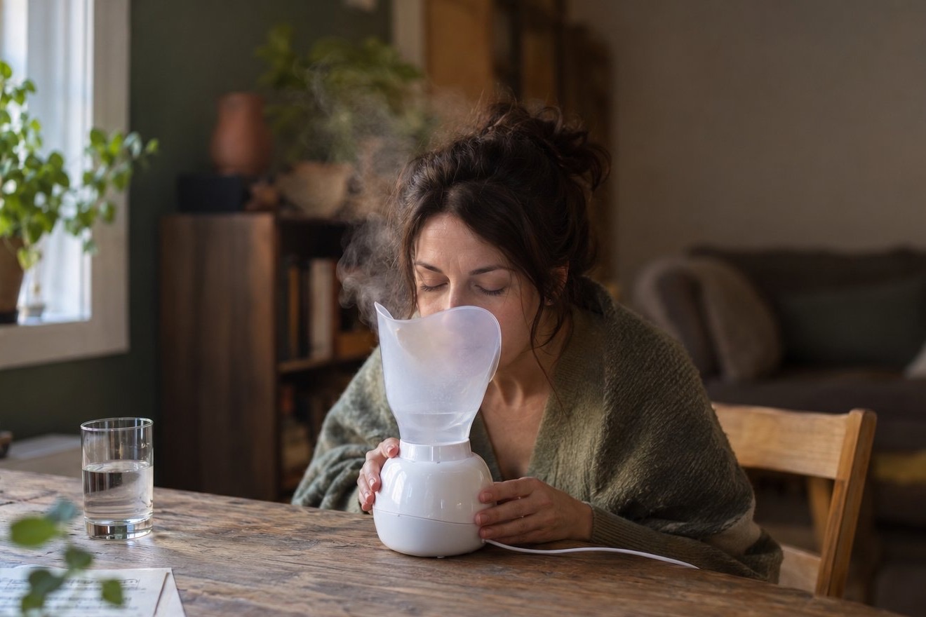 A woman leans over a small steam inhaler at a wooden table by a window