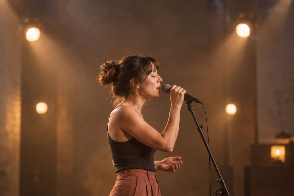 A woman singing into a microphone on a small stage under warm lights