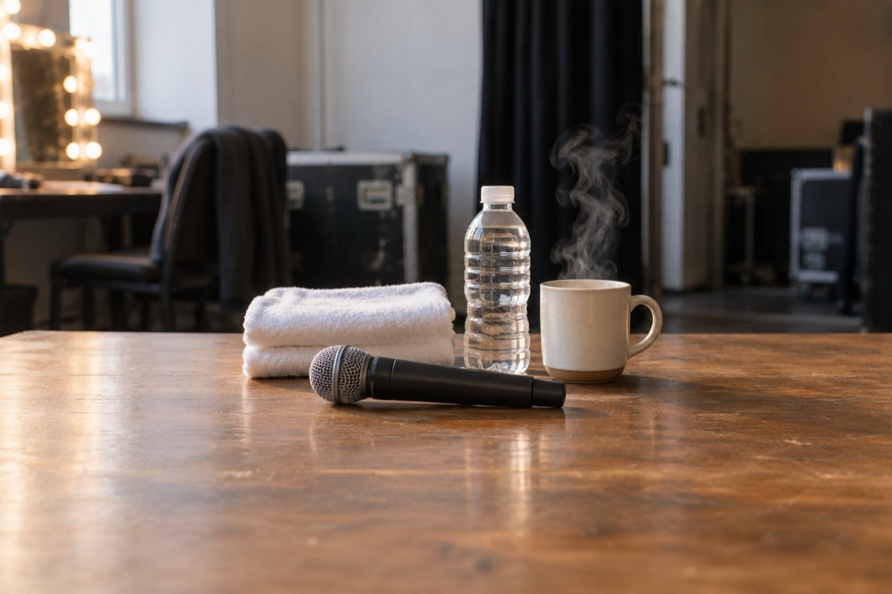 A microphone, a folded towel, a water bottle and a steaming mug on a backstage table