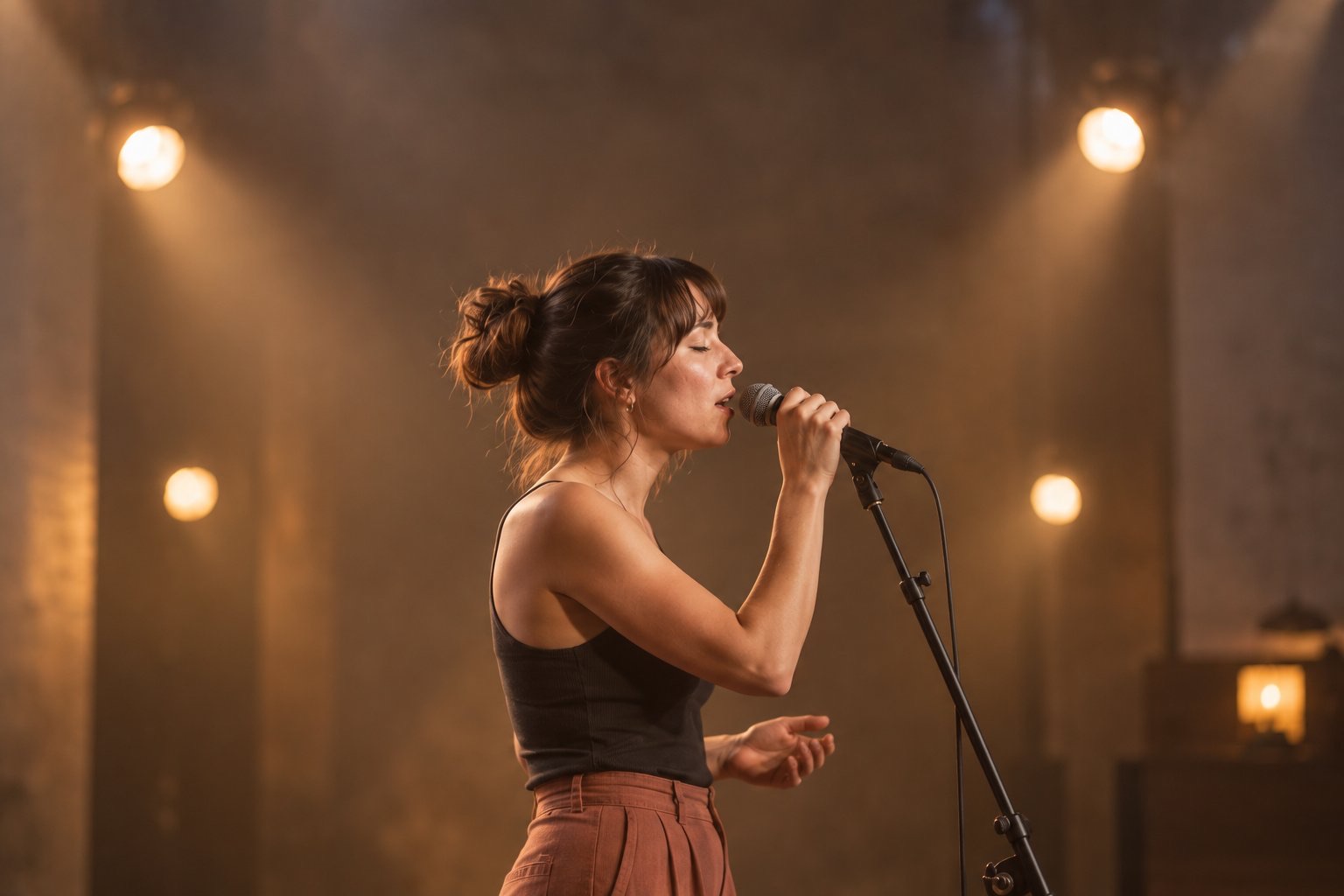A woman singing into a microphone on a small stage under warm lights